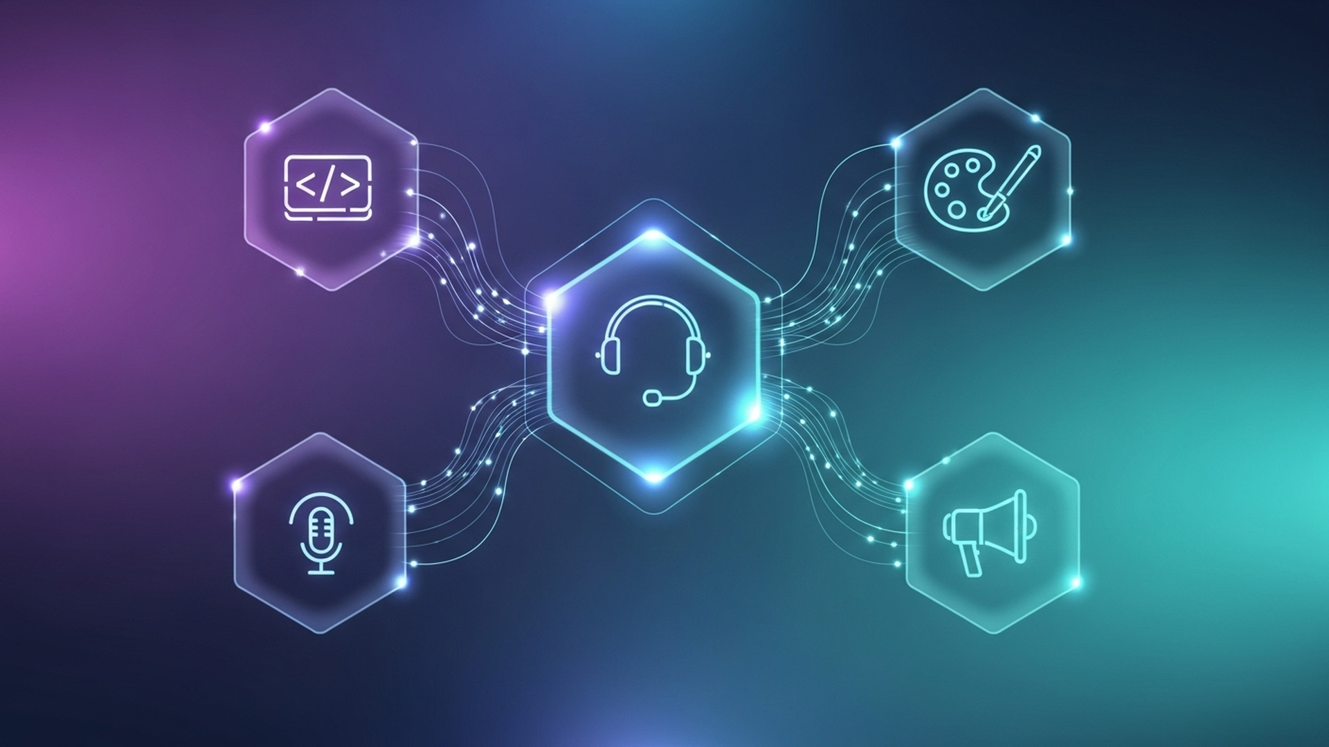 A vibrant, abstract illustration depicting a network of interconnected AI agents working seamlessly. Each agent is represented by a glowing, distinct icon (e.g., a code symbol for engineering, a palette for design, a headset for support, a megaphone for marketing). Lines of light flow between them, symbolizing data exchange and collaboration. The background is a soft, futuristic gradient, suggesting efficiency and innovation. The overall mood is optimistic and dynamic, highlighting the power of AI in business.