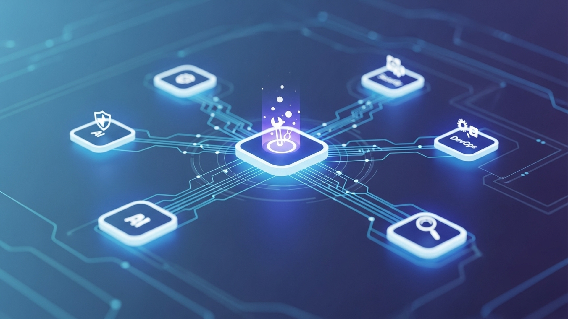 A vibrant, abstract digital illustration showing multiple glowing, interconnected nodes representing different AI agents. Each node has a subtle icon indicating its specialty (e.g., a shield for security, a wrench for DevOps, a magnifying glass for debugging). These nodes are linked by dynamic, flowing lines, all converging towards a central, larger node that symbolizes the coordinator. The background is a soft, futuristic gradient, suggesting a collaborative digital workspace. The overall impression is one of intelligent, seamless teamwork.